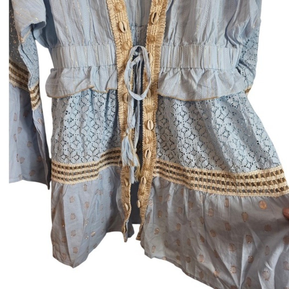 POL Cardigan Women Large Blue Gold Metallic Lace Shell Trim Boho SMQG2 - Picture 9 of 17
